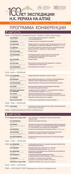 ПРОГРАММА конференции, посвящённой 100-летию экспедиции Н.К. Рериха в Сибири и на Алтае